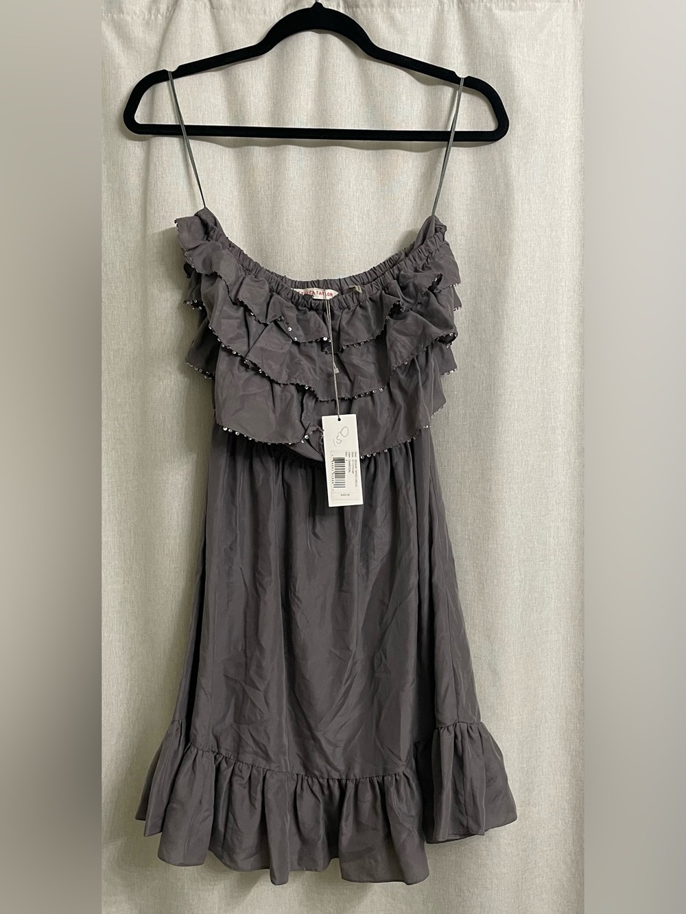 NWT Rebecca Taylor Silk Sequin Trim Ruffle Dress Charcoal Gray 4